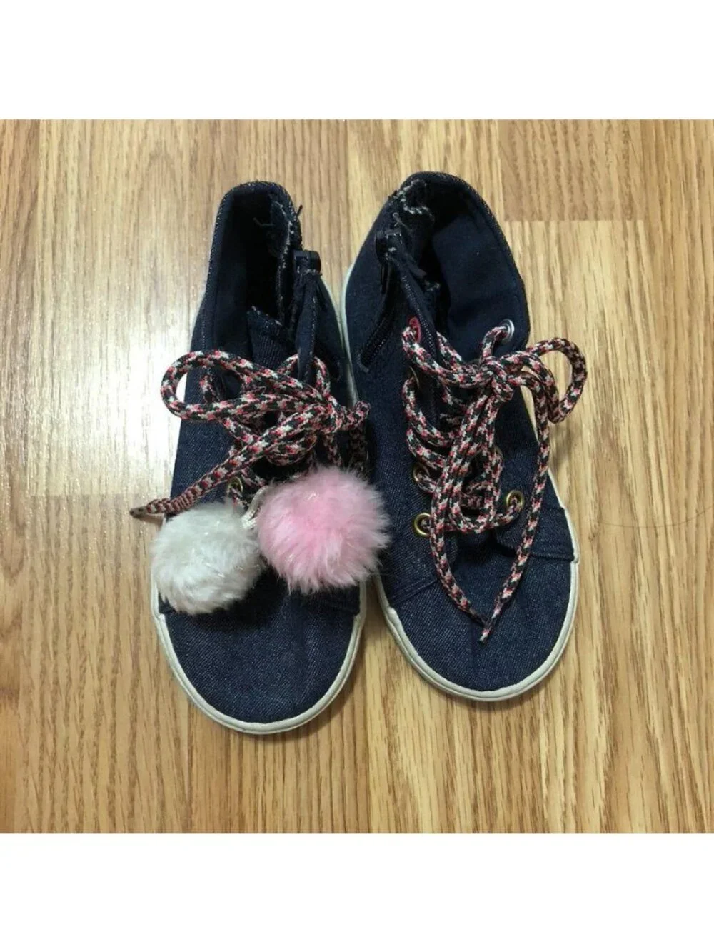 Kids Denim High-Top Sneakers With Pom-Poms Size 9.5 By Brash